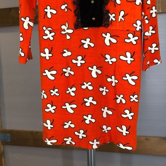 Vintage Orange‎ White Retro Pattern Dress with Lace Velvet Front Sz L - Picture 6 of 8